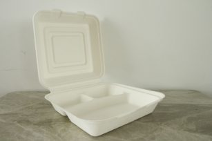 10” 3-comp Bagasse Clamshell Box